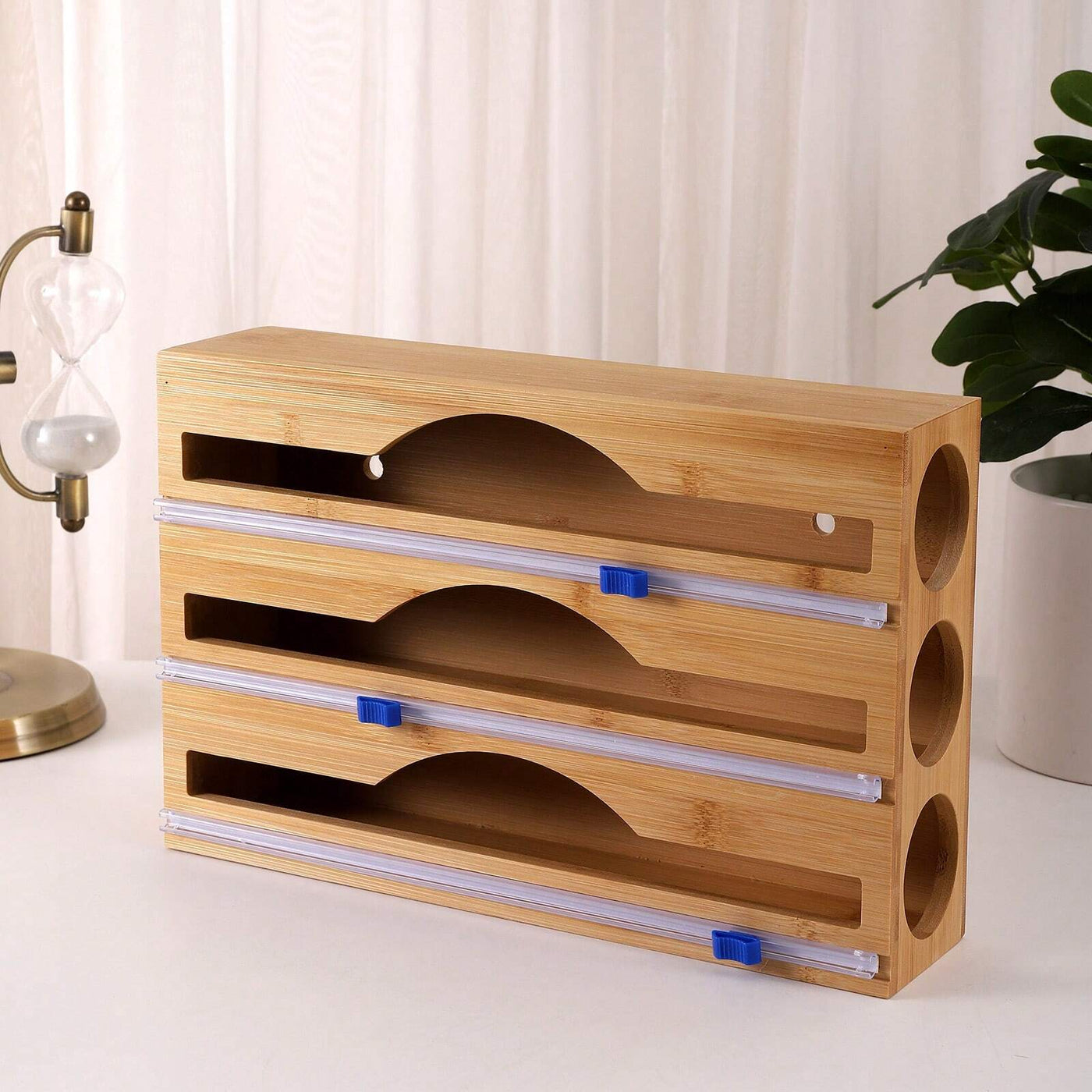 Organiseur 3-en-1 pour rouleaux – Bambou naturel &amp; découpe facile