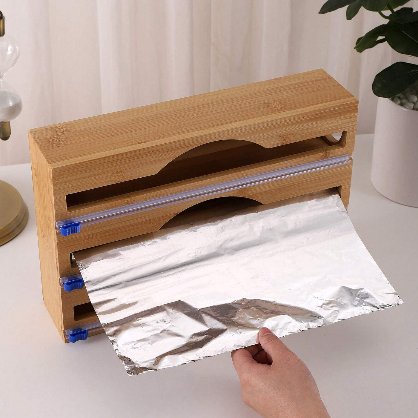 Organiseur 3-en-1 pour rouleaux – Bambou naturel &amp; découpe facile