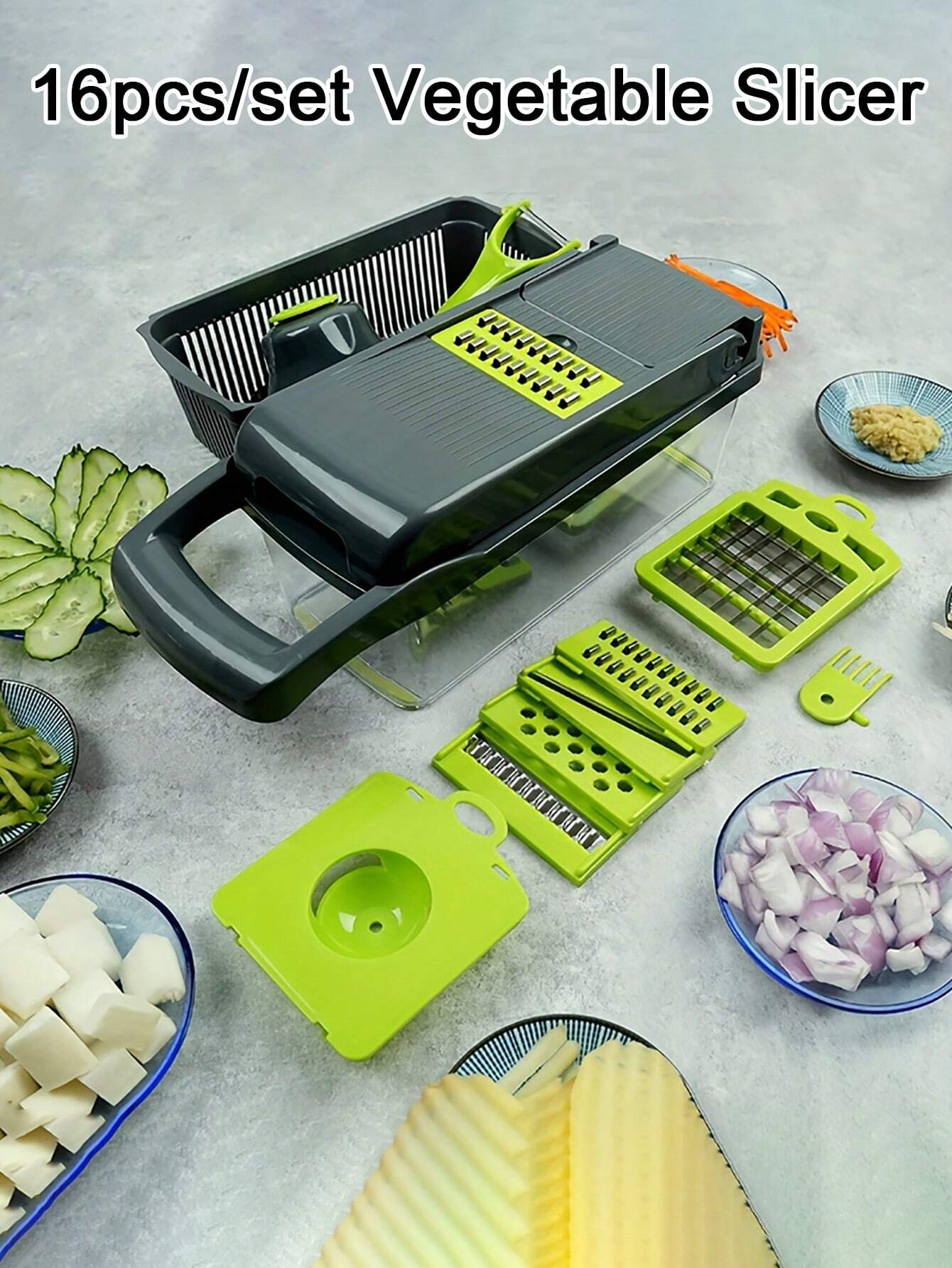 Coupe-légumes multifonction 16-en-1 – Tranche, râpe, émince et plus !