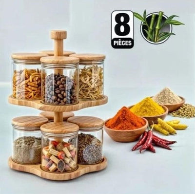 Set de 8 Pots à Épices en Verre avec Support Rotatif en Bambou – Élégant, Compact et Pratique