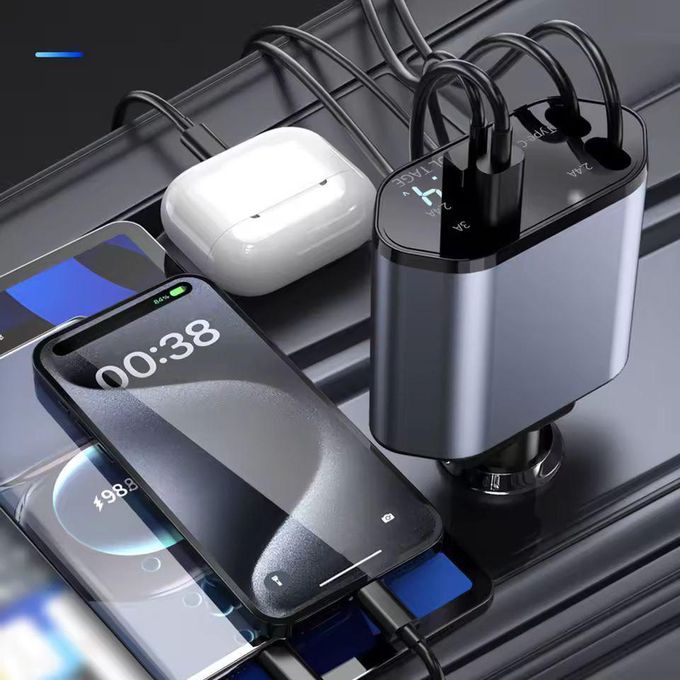 Chargeur de Voiture 4-en-1 Rétractable avec Charge Rapide USB