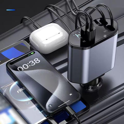 Chargeur de Voiture 4-en-1 Rétractable avec Charge Rapide USB