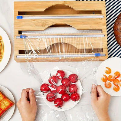 Organiseur 3-en-1 pour rouleaux – Bambou naturel &amp; découpe facile