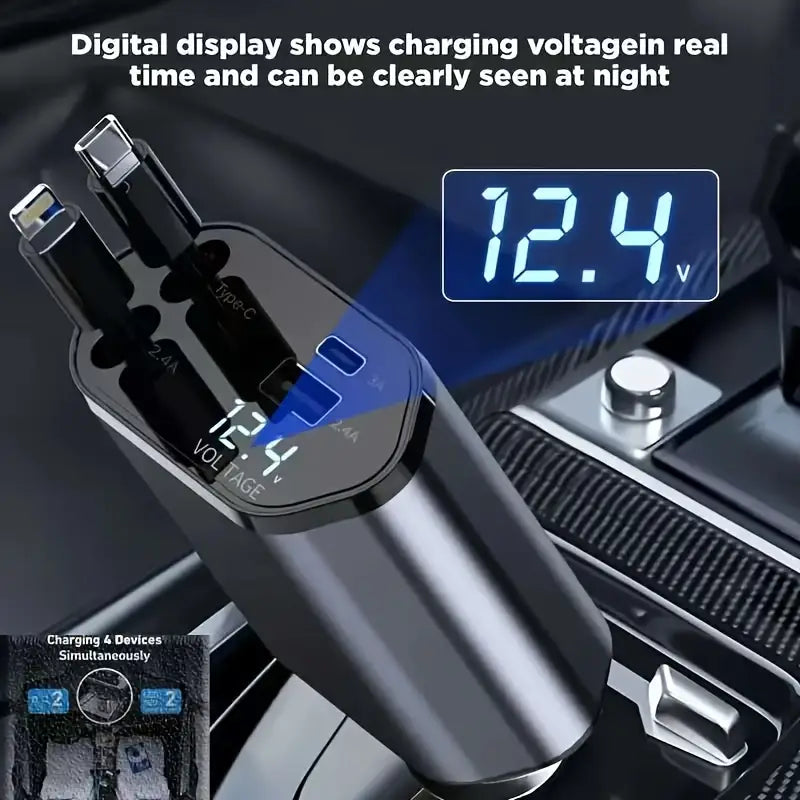 Chargeur de Voiture 4-en-1 Rétractable avec Charge Rapide USB