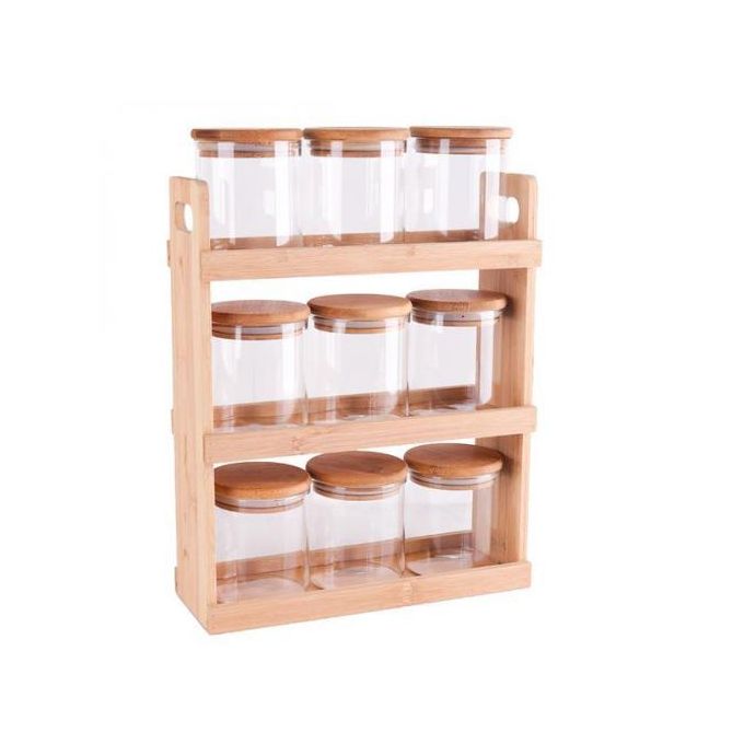 Ensemble de 9 Pots à Épices en Verre avec Support en Bois – Élégant &amp; Pratique