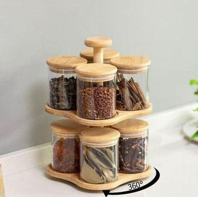 Set de 8 Pots à Épices en Verre avec Support Rotatif en Bambou – Élégant, Compact et Pratique