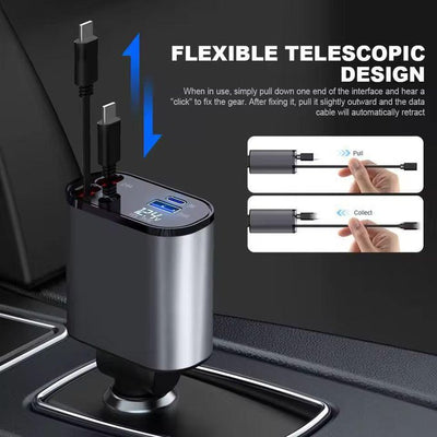 Chargeur de Voiture 4-en-1 Rétractable avec Charge Rapide USB