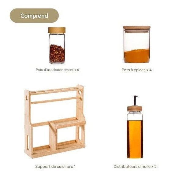 Ensemble de cuisine 10 épices + 2 huiles avec support en bois