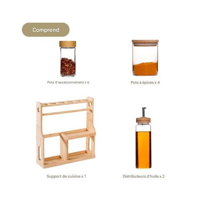 Ensemble de cuisine 10 épices + 2 huiles avec support en bois