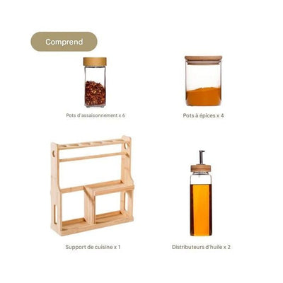 Ensemble de cuisine 10 épices + 2 huiles avec support en bois