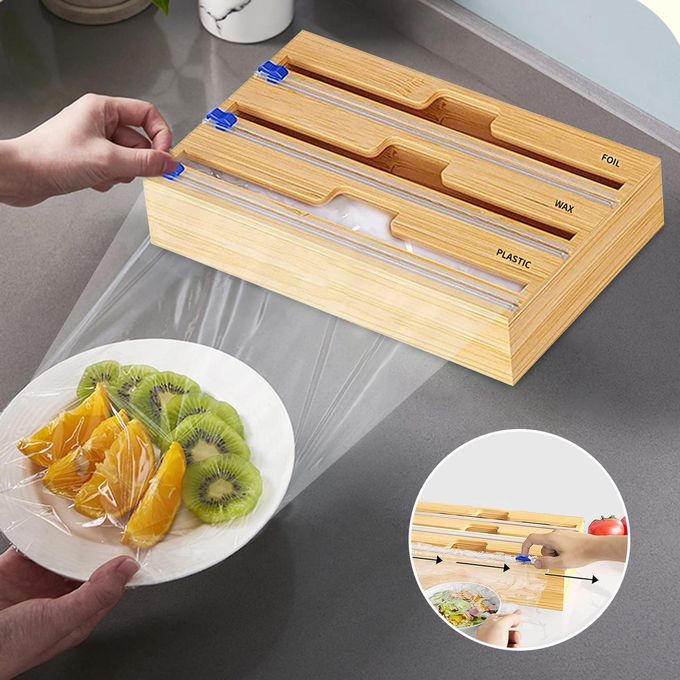 Organiseur 3-en-1 pour rouleaux – Bambou naturel &amp; découpe facile