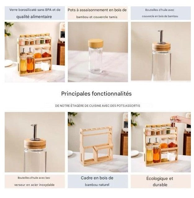 Ensemble de cuisine 10 épices + 2 huiles avec support en bois