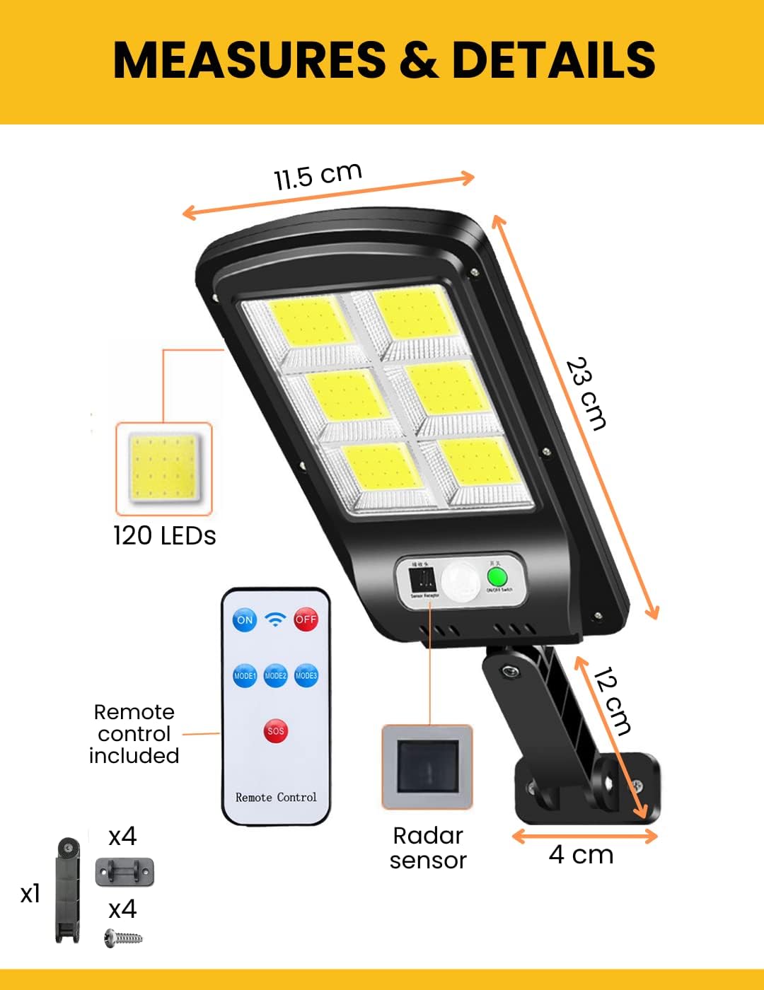 Lampe Solaire Extérieure à Télécommande &amp; Détecteur de Mouvement – Étanche IP65 (GA)
