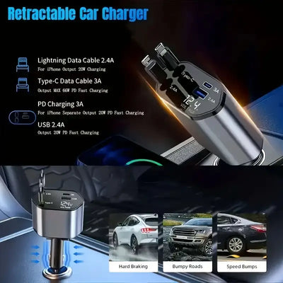 Chargeur de Voiture 4-en-1 Rétractable avec Charge Rapide USB