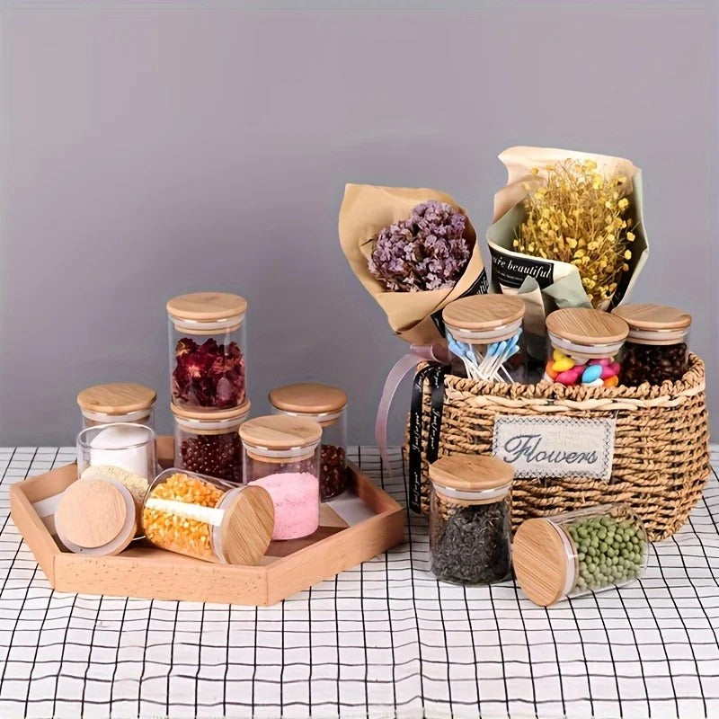 Set de 8 Pots à Épices en Verre avec Support Rotatif en Bambou – Élégant, Compact et Pratique
