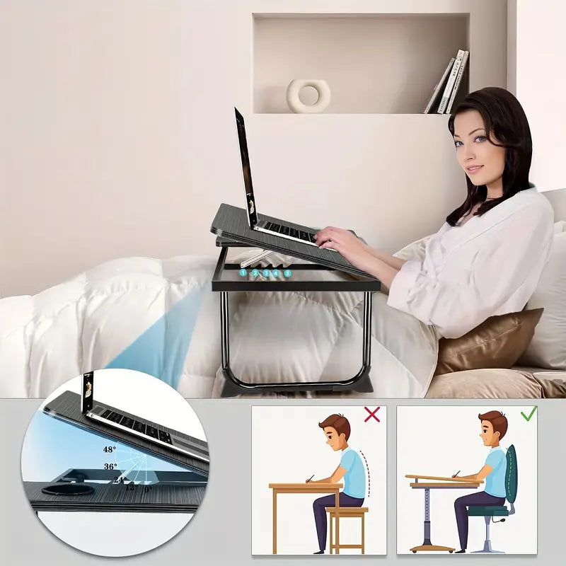 Table Pliante Réglable Multifonction – Bureau Portable Ergonomique avec Porte-Gobelet (TK)