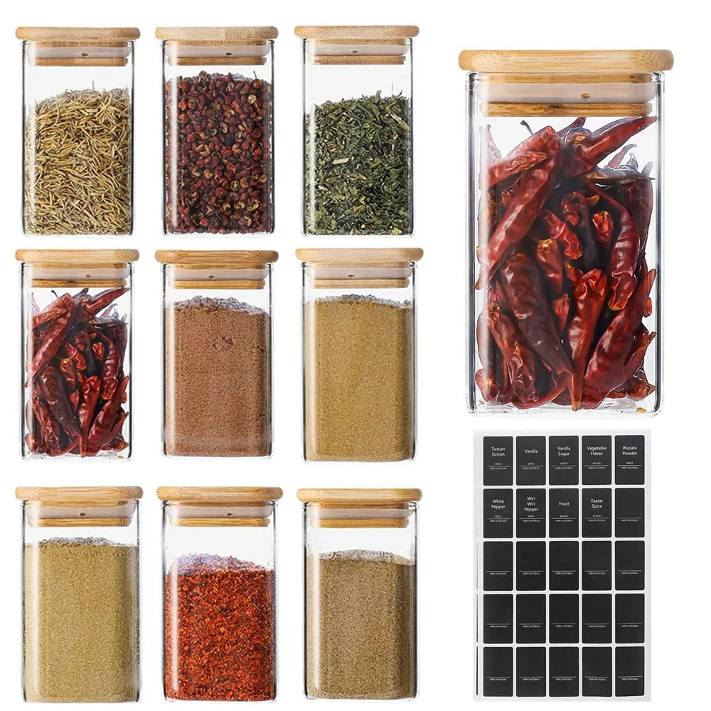 Ensemble de 9 Pots à Épices en Verre avec Support en Bois – Élégant &amp; Pratique