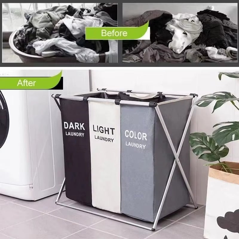 Panier à Linge Pliable 3 Compartiments – Séparateur de Vêtements Sales TK