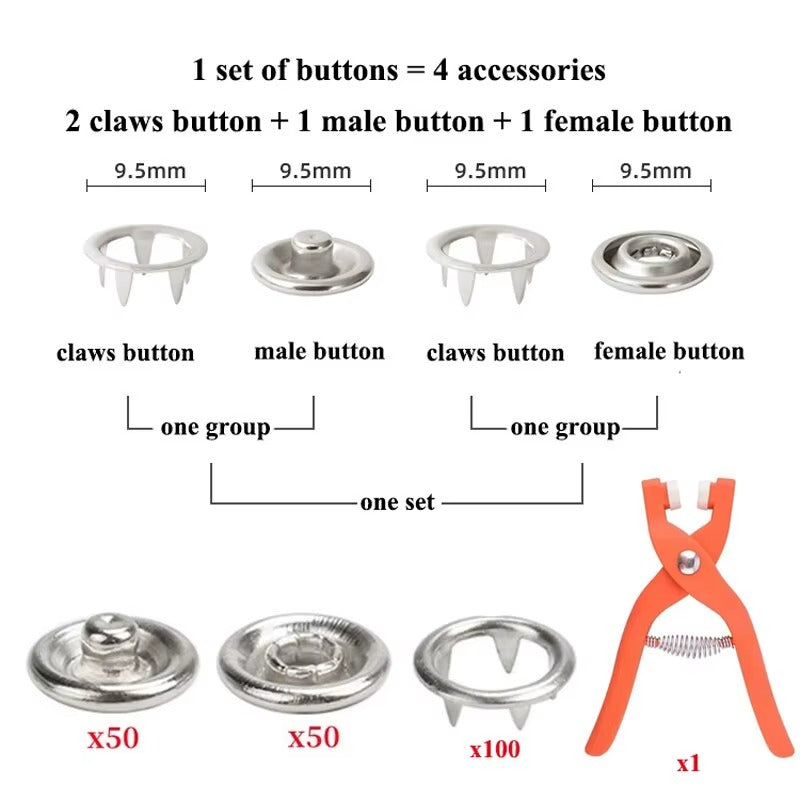 Kit de 200 boutons‑pression métalliques + pince de pose TK