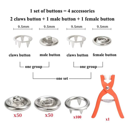 Kit de 200 boutons‑pression métalliques + pince de pose TK